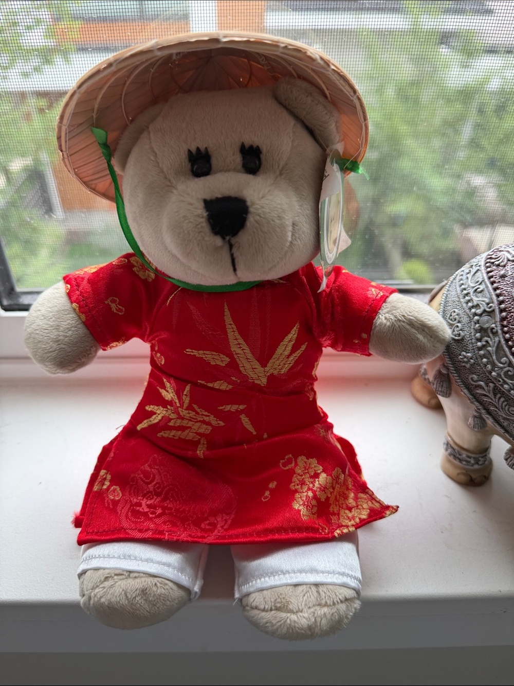 Vietnam Starbucks Plush Bear in Red and Cream Traditional Outfit with Straw Hat